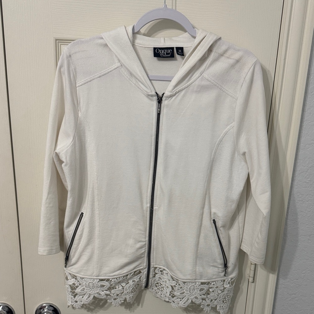 Onque Casuals White Hooded Jacket with Lace Trim